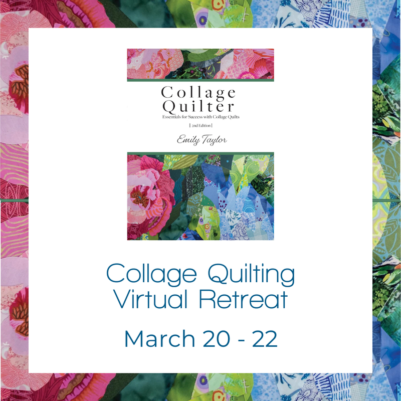 Collage Quilter virtual retreat flyer with colorful quilt patterns on a white background