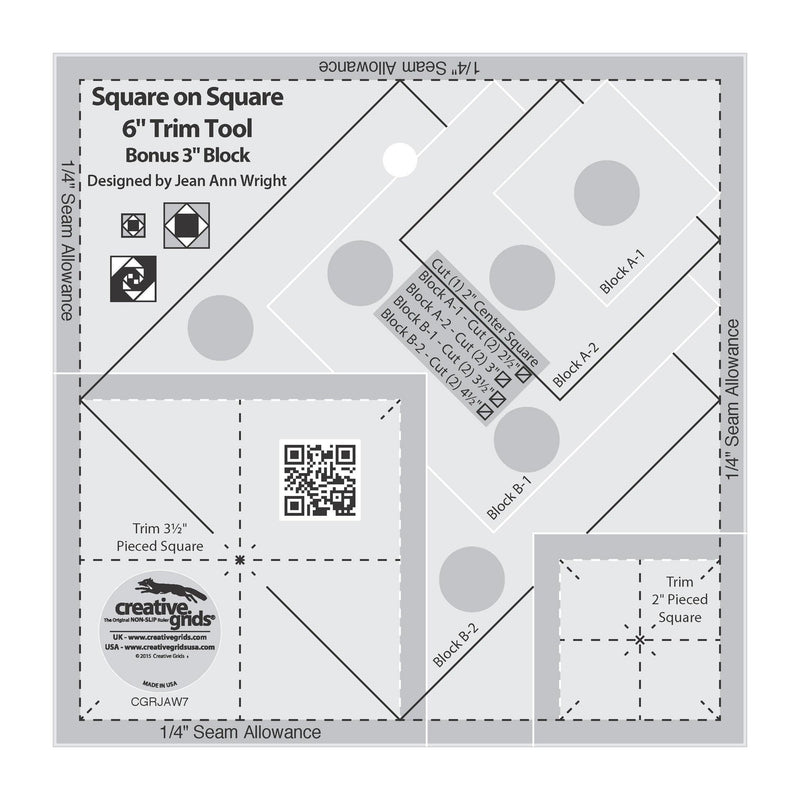 Creative Grids Square on Square Trim Tool 3in or 6in Finished Blocks Quilt Ruler