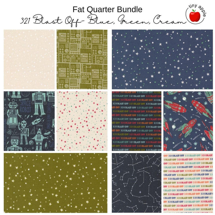 Fat Quarter Bundle (10) - 321 Blast Off - Blue, Green and Cream