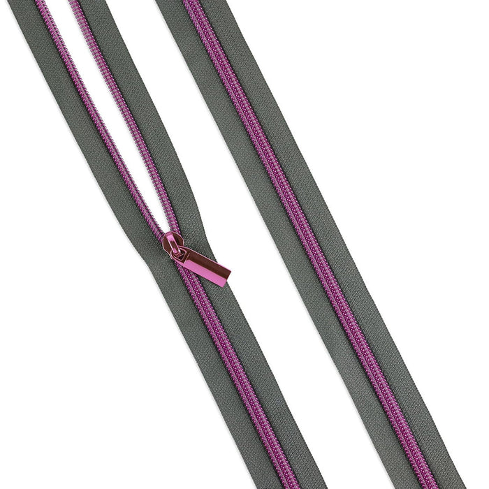 Grey #5 Nylon Tula Pink Coil Zipper 3yds and 9 Pulls
