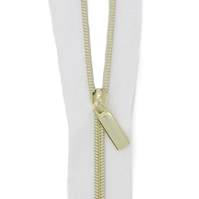 White Nylon Coil Zipper #3 - Gold Finish